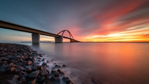 Bridge, Sunset, Rocks, Evening, Nature, 4K wallpaper