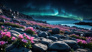 Rocky beach, Aurora sky, Landscape, Aurora Borealis, Serenity, Majestic, Northern Lights, 4K wallpaper