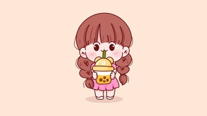 Cute kid, Cute Girl, Kawaii girl, Cartoon, Bubble tea, 4K wallpaper