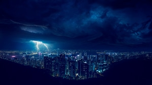 Lightning, City, Storm, Night, Photography, Blue, 4K wallpaper