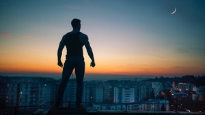 Man, City, Moon, Silhouette, Photography, 4K wallpaper