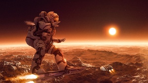 Astronaut, Sun, Horizon, Orbit, Earth, 4K wallpaper