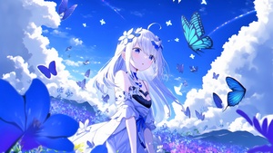 Teen, Anime girl, Dream, Butterflies, Blue background, Blue Sky, 4K wallpaper