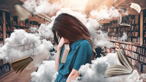 Girl, Library, Photography, Photoshop, Clouds, 4K wallpaper