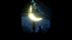 Girl, Boy, Couple, Silhouette, Night, Forest, Crescent Moon, Black background, Simple, 4K wallpaper