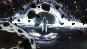 Astronaut, Gargantua black hole, Asteroids, 4K wallpaper