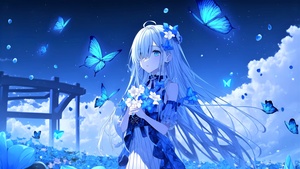 Anime girl, Beautiful, Butterflies, Blue background, 4K wallpaper
