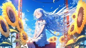 Happy girl, Sunflowers, Anime girl, Sunny day, 4K wallpaper