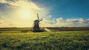 Windmill, Nature, Sunset, 4K wallpaper