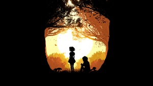 Girl, Boy, Couple, Silhouette, Sunset, Forest, Simple, 4K wallpaper