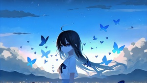 Sad girl, Anime girl, Mood, Butterflies, Surreal, Lonely, Blue background, 4K wallpaper