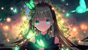 Anime girl, Green eyes, Girly backgrounds, Surreal, Fairy, Butterflies, Beautiful, 4K wallpaper