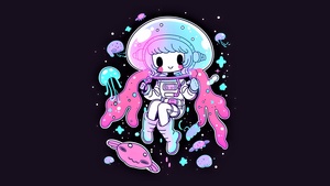 Cute astronaut, Kawaii girl, Surreal, Neon art, Girly backgrounds, 4K wallpaper