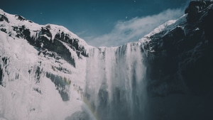 Mountains, Snow, Waterfall, Sky, Nature, 4K wallpaper