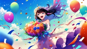 Bride anime, Happy girl, Cute anime, Anime girl, Colorful anime, Flower bouquet, Colorful flowers, Girly backgrounds, Colorful background, 4K wallpaper