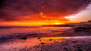 Ocean, Coast, Sunrise, Nature, 4K wallpaper