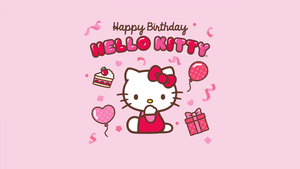 Happy Birthday, Hello Kitty background, Pink background, Sanrio, Pink text, 4K wallpaper