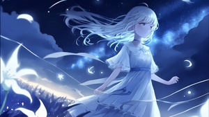 Anime girl, Night, Surreal, Blue background, Starry sky, 4K wallpaper