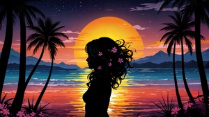 Woman, Silhouette, Girly backgrounds, Tropical beach, Sunset, AI art, Colorful art, 4K wallpaper