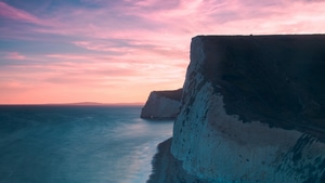 Long Exposure, Cliff, Sunset, Sea, Ocean, Pink, Nature, 4K wallpaper