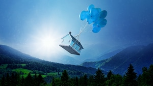 Fantasy, Landscape, House, Balloon, 4K wallpaper