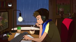 Lofi boy, Listening music, Indoor, Working, Alone, Kaws, Desk, 4K wallpaper