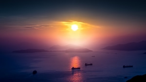 Landscape, Boat, Sunrise, Mountains, Nature, Horizon, 4K wallpaper