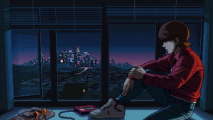 Lofi boy, Pixel art, Retro style, City Skyline, Night, Window, 4K wallpaper