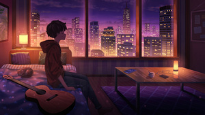 Lofi boy, Guitar, Lonely, Cityscape, Night City, Window, Bedroom, Indoor, City Skyline, 4K wallpaper