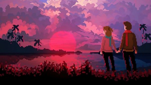 Love couple, Pixel art, Sunset, Retro style, Hands together, 4K wallpaper