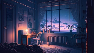 Lofi, Bedroom, Night, Window, Painting, Aesthetic interior, 4K wallpaper