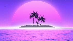 Sunset, RetroWave art, Vaporwave, Flamingo, Palm trees, Island, Tropical, 4K wallpaper