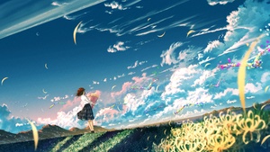 Anime girl, Landscape, Dreamlike, Morning breeze, Flower bouquet, 4K wallpaper