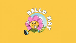 May (Month), Yellow background, Cute cartoon, 4K wallpaper