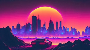 Futuristic city, Outrun, Neon art, Cyberpunk, Synthwave, Panorama, Sunset, Pink aesthetic, 4K wallpaper