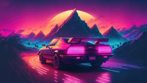 Outrun, AI art, Neon, Retrowave, Synthwave, Sunset, Mountains, Highway, 4K wallpaper