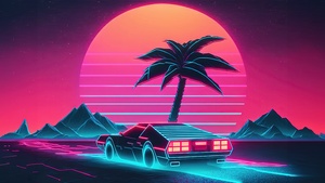Neon, Outrun, RetroWave art, Synthwave, Sunset, Mountains, 4K wallpaper