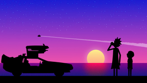 Rick and Morty, Back to the Future, Silhouette, Sunset, Horizon, DMC DeLorean, Rick Sanchez, Morty Smith, 4K wallpaper