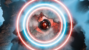 Neon circles, Eye Illustration, Mountains, Aerial view, Science fiction, 4K wallpaper