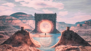 Grand Canyon, Portal, Ancient, Circle light, Neon, River, Surrealism, 4K wallpaper