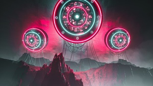 Aliens, Spaceship, Neon background, Futuristic, Digital Art, Mountains, 4K wallpaper
