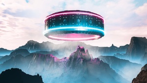 Futuristic, UFO, Digital Art, Mountain range, Spaceship, 4K wallpaper