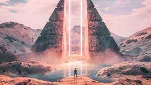 Futuristic, Pyramid Structure, Digital Art, Surrealism, Neon light, Aesthetic, 4K wallpaper