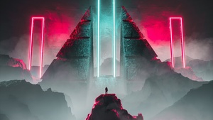 Science fiction, Digital Art, Neon, Dreamlike, Surrealism, Ancient architecture, 4K wallpaper