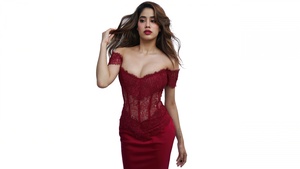 Janhvi Kapoor, Red dress, White background, 4K wallpaper
