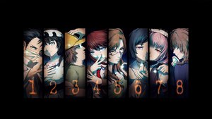 Steins;Gate, Black background, Anime series, Luka Urushibara, Itaru Hashida, Mayuri Shiina, Suzuha Amane, Faris Nyannyan, Rintaro Okabe, Kurisu Makise, Moeka Kiryū, 4K wallpaper