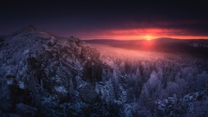 Sunset, Mountain range, Winter forest, 4K wallpaper