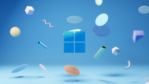 Windows logo, Blue background, Windows 11, Floating objects, Shapes, 4K wallpaper