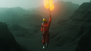 Space suit, Dream, Surreal, Balloons, Mountains, 4K wallpaper