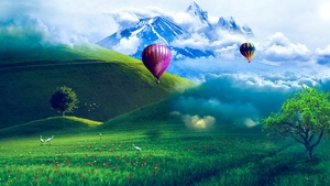 Hot air balloons, Scenery, Landscape, Greenery, Mountains, 4K wallpaper